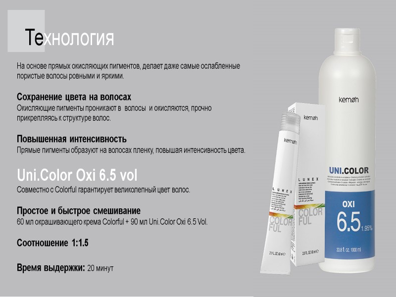 Технология На основе прямых окисляющих пигментов, делает даже самые ослабленные  пористые волосы ровными